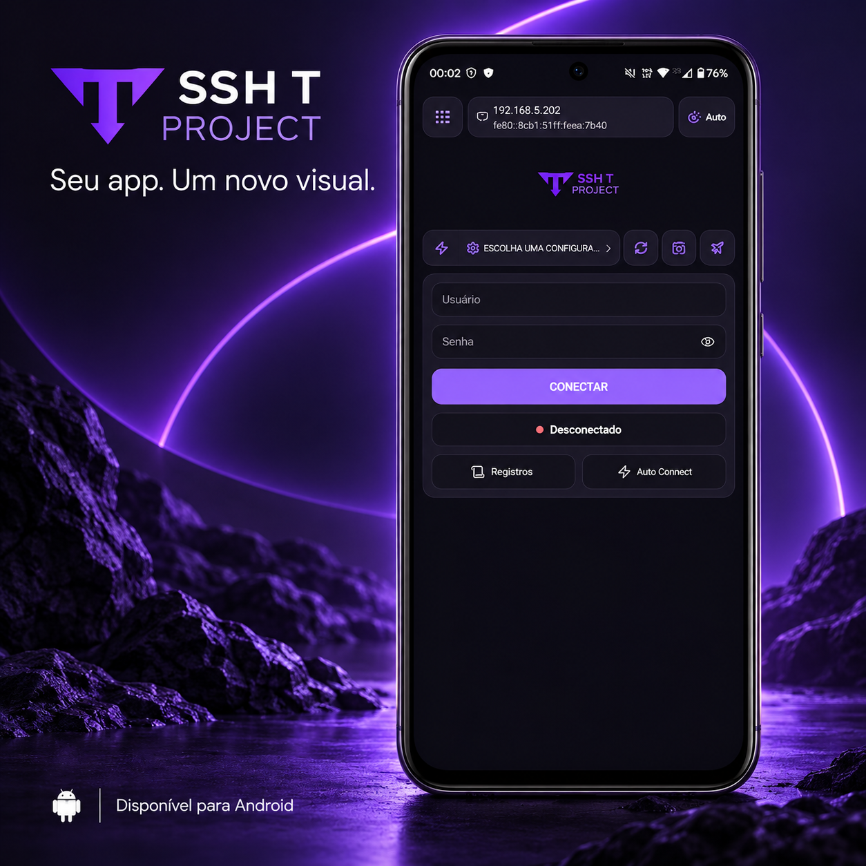 SSH T Project com o layout atual: seleção de configuração, usuário, senha e botão Conectar