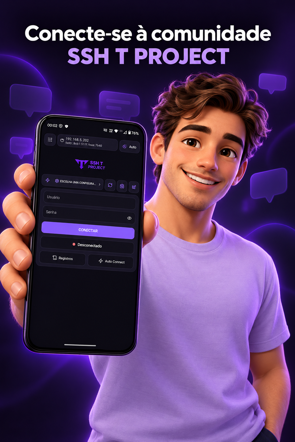 Comunidade SSH T Project: personagem apresentando o aplicativo com o layout atual